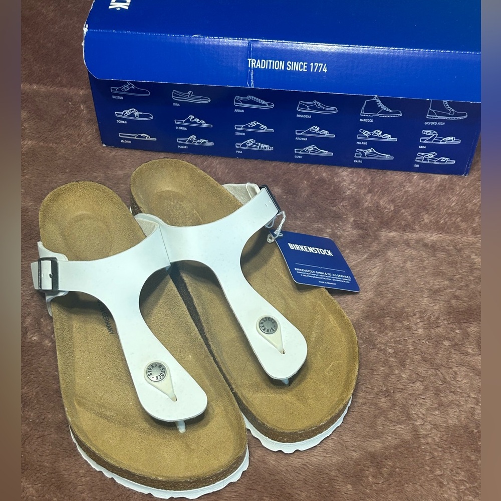 BRAND NEW, NEVER WORN Birkenstock Gizeh sandals, white, size 39 (women’s 8).